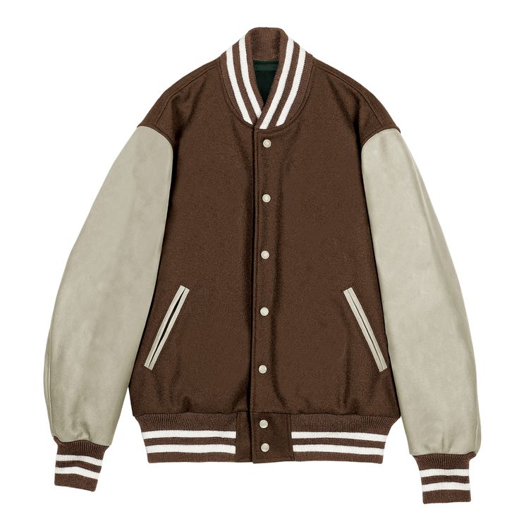 DETAILS OF JACKET The Classic Varsity Jacket Color: Brown / Cream White Rib on Neck, Wrist & Bottom/Hem Two External Side Pockets Exterior Sleeve: Cowhide Leather Interior: Polyester lining Style: Classic Varsity Care: DRY CLEAN ONLY We can add custom embroidery, printing, or labels on these jackets as per the customer's demand. Additional charges apply. College Varsity Jacket, Fleece Jacket Men, Jacket Aesthetic, Steven Alan, Aesthetic Streetwear, Vintage College, Print Embroidery, Leather Sleeves, Dr Closet