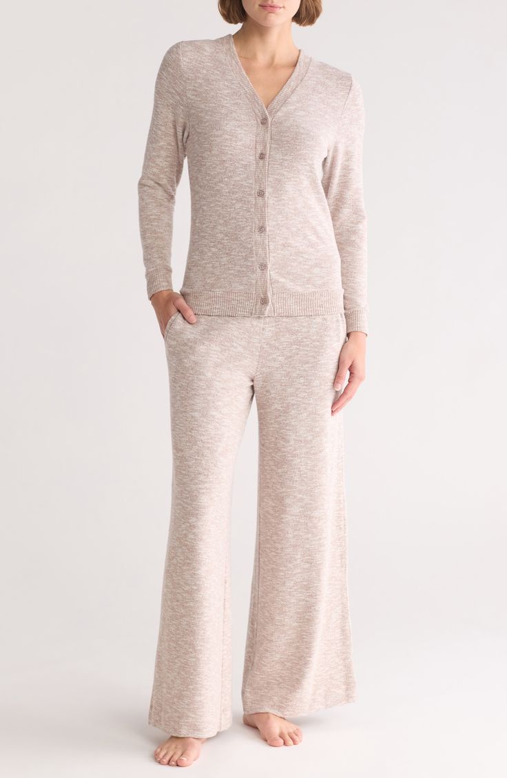 A cozy cardi tops these ultrasoft hacci pajamas paired with wide-leg pants held up by a comfy smocked waist. 22" top length; 27 1/2" inseam; 28" leg opening; 13" front rise; 16" back rise (size Medium) Cardigan has front button closure; V-neck; long sleeves with ribbed cuffs Pants have elastic waist; side-seam pockets 65% polyester, 31% rayon, 4% spandex Machine wash, dry flat Imported Soft Tops For Fall Loungewear, Cozy Fall Sleepwear With Soft Texture, Super Soft Sleepwear For Fall, Super Soft Fall Sleepwear, Soft Spring Loungewear Sleepwear, Spring Sleepwear For Loungewear, Comfy Super Soft Sleepwear For Fall, Comfy Soft Sleepwear For Fall, Long Sleeve Sleepwear With Elastic Waistband For Relaxation