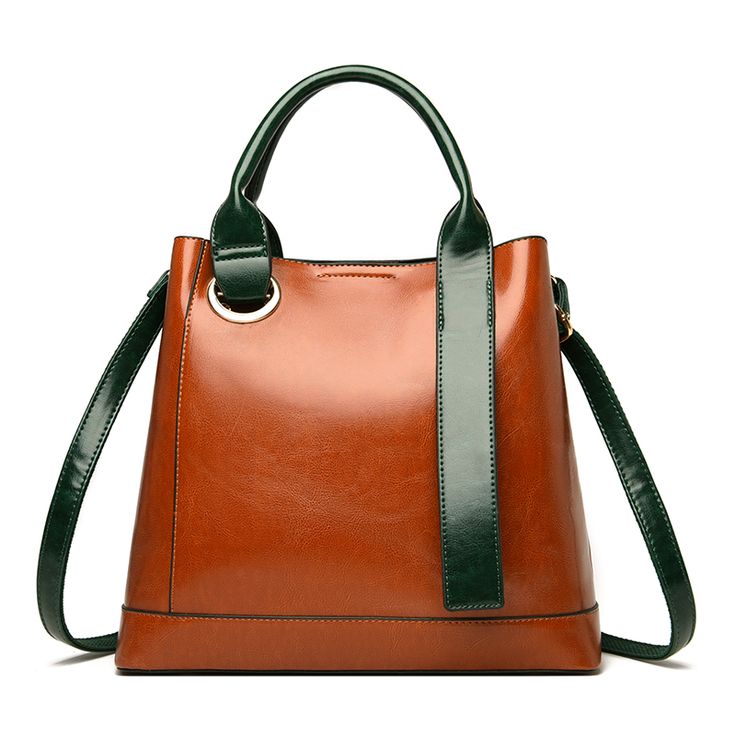 Color: Brown+Green Chic Brown Satchel With Single Handle, Chic Brown Bucket Bag With Single Handle, Elegant Green Tote Bucket Bag, Elegant Green Handheld Bucket Bag, Elegant Green Bucket Bag With Large Capacity, Elegant Green Large Capacity Bucket Bag, Elegant Satchel Bucket Bag With Single Handle, Elegant Single Handle Bucket Bag For Shopping, Elegant Single Handle Travel Bag