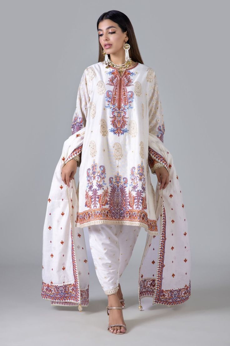 Khaadi EST24232 Off White Eid Prets 2024 Festive Off White Sets With Printed Motifs, Festive Off-white Printed Sets, Festive Off-white Sets With Printed Motifs, White Cotton Set With Floral Print, White Cotton Sets With Floral Print, Off White Cotton Floral Print Sets, Unstitched Embroidered Patterned Sets, White Printed Cotton Lawn Suit, White Unstitched Lawn Suit With Printed Motifs