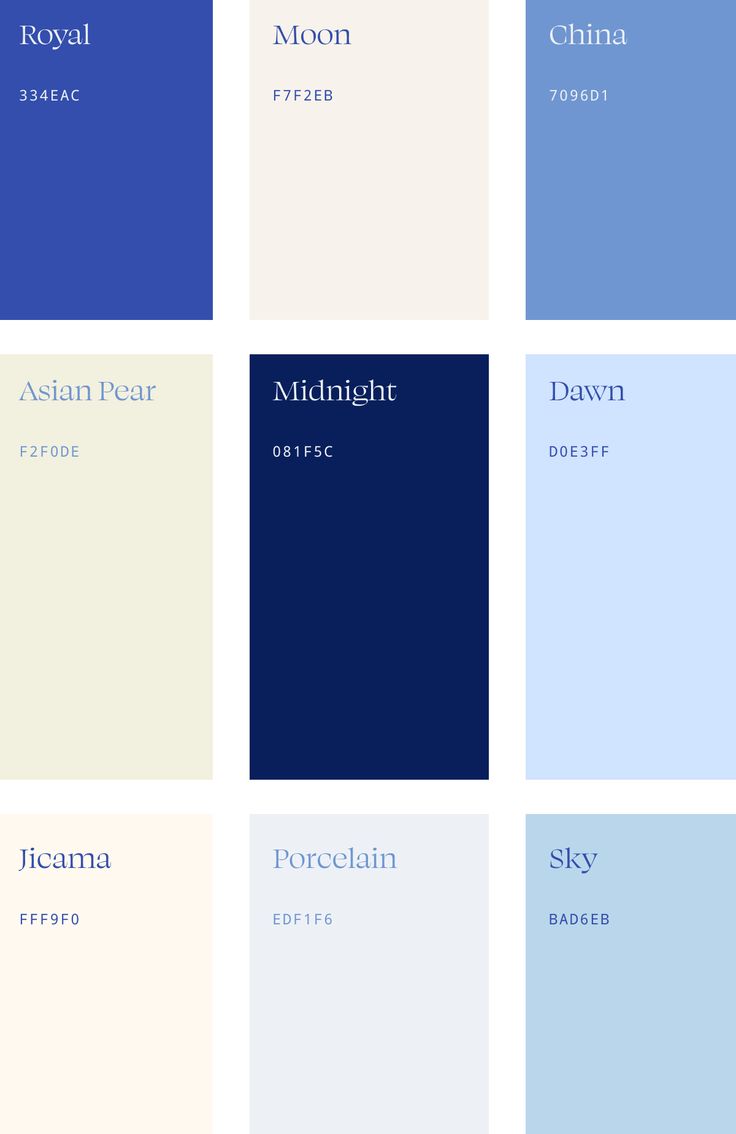 blue and white paint swatches with the names of different colors in each color scheme