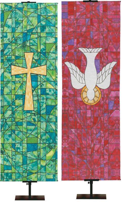 two stained glass banners with crosses and doves on them, one in red and the other in green