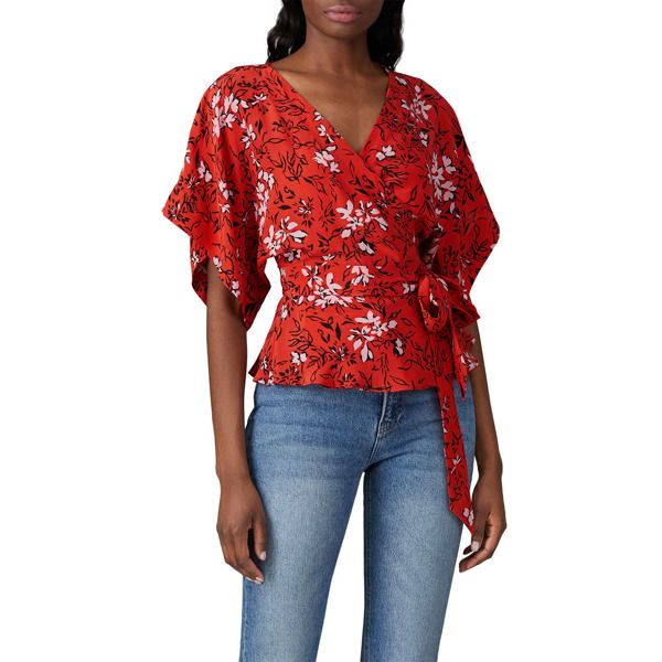 Red printed silk (100% Silk). Top. Short sleeves. V-neckline. Tie wrap closure. 23" from shoulder to hemline. Imported. Spring Printed V-neck Tops, Spring V-neck Printed Tops, Fitted V-neck Rayon Top, Floral Print Rayon V-neck Top, Spring Viscose V-neck Top, Floral Print V-neck Tops For Work, Printed Viscose V-neck Top, Elegant Summer Blouse With Surplice Neckline, V-neck Rayon Tops For Spring