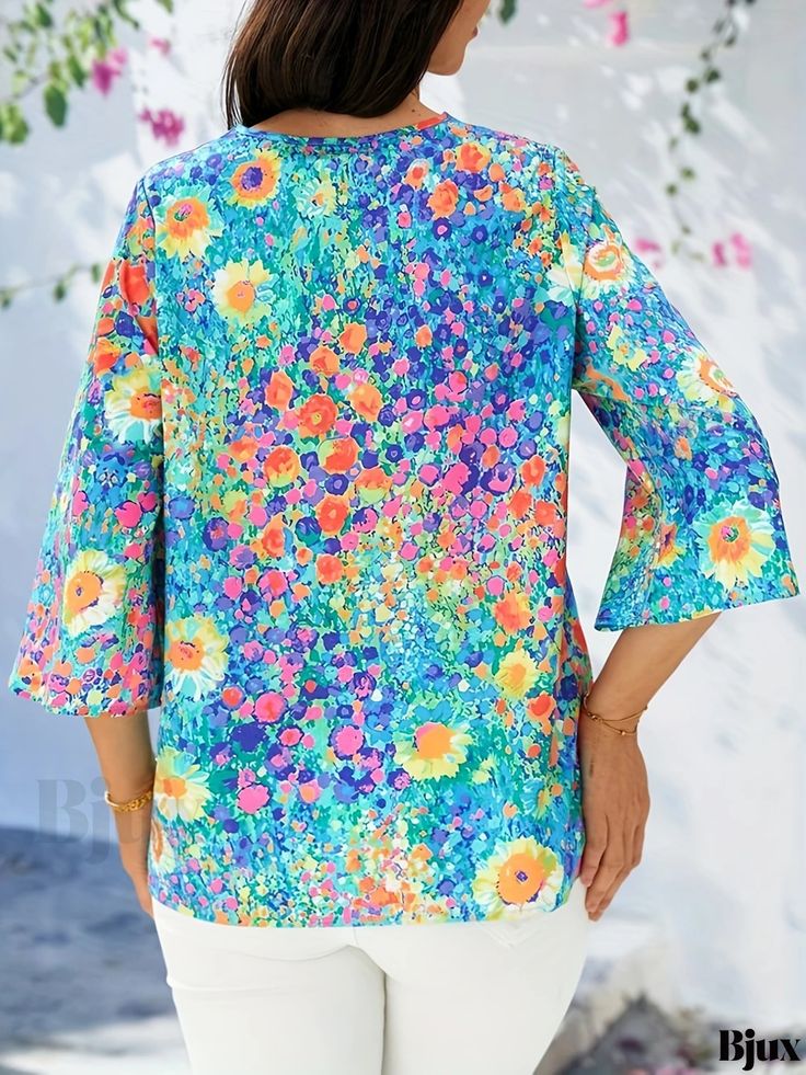 Bjux - Vibrant Floral Print Blouse: Elegant V Neck, 3/4 Sleeve Womens Casual Apparel Printed Half Sleeve Tops For Vacation, Floral Print Half Sleeve Blouse For Beach, Green Half-sleeve Blouse For Spring, Stretch Multicolor Blouse For Spring, Multicolor Half Sleeve Tops For Beach, Half Sleeve Floral Print Blouse For Beach, Multicolor Half Sleeve Blouse For Summer, Green Half Sleeve Blouse For Spring, Half Sleeve Blouse With Floral Print For Beach