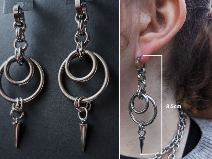 Echoes O-ring and Spike Earrings, Punk Dangle Earrings - Etsy Diy Punk Earrings, Emo Jewelry Diy, Spike Earrings Punk, Accesorios Dark, Punk Jewelry Diy, Chainmaille Jewelry Patterns, Gothic Jewelry Diy, Emo Jewelry, Diy Choker