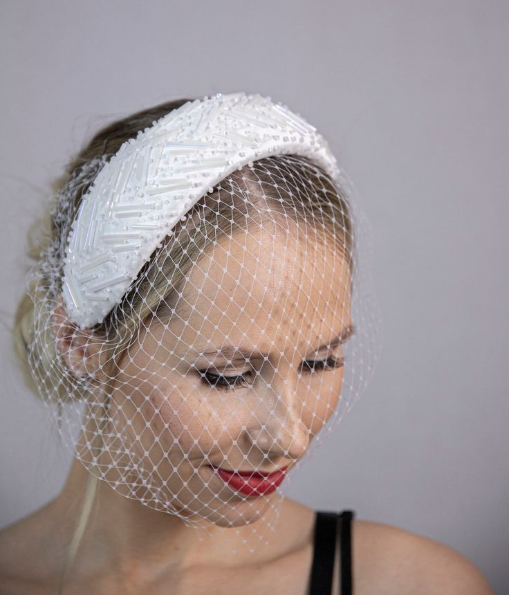 "Ivory white heavily hand-beaded headband hat for the bride. This is very beautiful, timeless and elegant bridal headband. Bottom layer of the hat is hand-blocked from special millinery material called buckram, then wired, padded and covered with highest quality thick mulberry silk. Finally all the hat is randomly beaded with milk white glass beades in stick size and small pearl size. The headband is called because of its shape \"Moon Crescent\". It is not spreading from one ear to another but i 2023 Weddings, Headband Hat, Moon Crescent, Bridal Hat, Wedding Fascinators, Beaded Headband, Wide Headband, Fascinator Hats, Bridal Headband