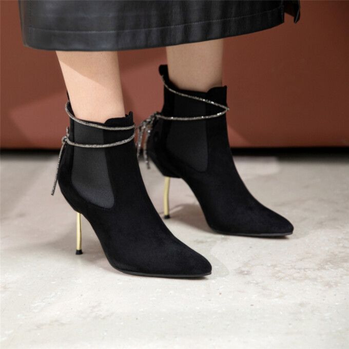 £48.00 Winter Ankle-high Heeled Boots With 4-inch Heel, Winter Closed Toe Heeled Boots With 4-inch Heel, Elegant Boots With 4-inch Heel For Winter, Elegant Winter Boots With 4-inch Heel, Winter Heeled Boots With Wrapped Heel And Pointed Toe, Formal Fall Boots With Ankle Strap, Formal Fall Ankle Strap Boots, Formal Boots With Heel Loop And Pointed Toe, Formal Pointed Toe Boots With Heel Loop