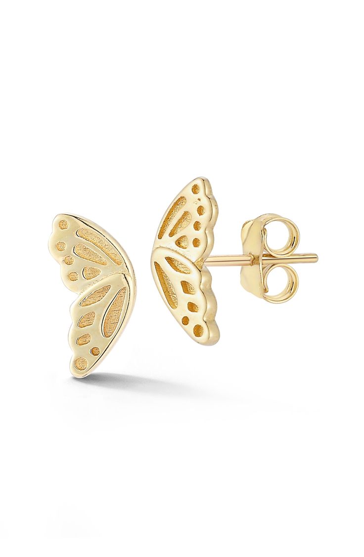 Add a touch of whimsy to your ensemble with stud earrings in the shape of butterfly wings. 0.15"W x 0.35"L Post back 14k gold Made in Turkey Gold Butterfly Earrings Fine Jewelry, Gold Butterfly Fine Jewelry Earrings, 14k Gold Butterfly Charm Earrings, 14k Gold Butterfly Earrings With Butterfly Charm, 14k Gold Butterfly Earrings With Charm, Fine Jewelry Butterfly Shaped For Pierced Ears, Gold Earrings With Butterfly Charm For Formal Events, Gold Earrings With Butterfly Charm For Formal Occasion, Butterfly-shaped Yellow Gold Earrings For Anniversary