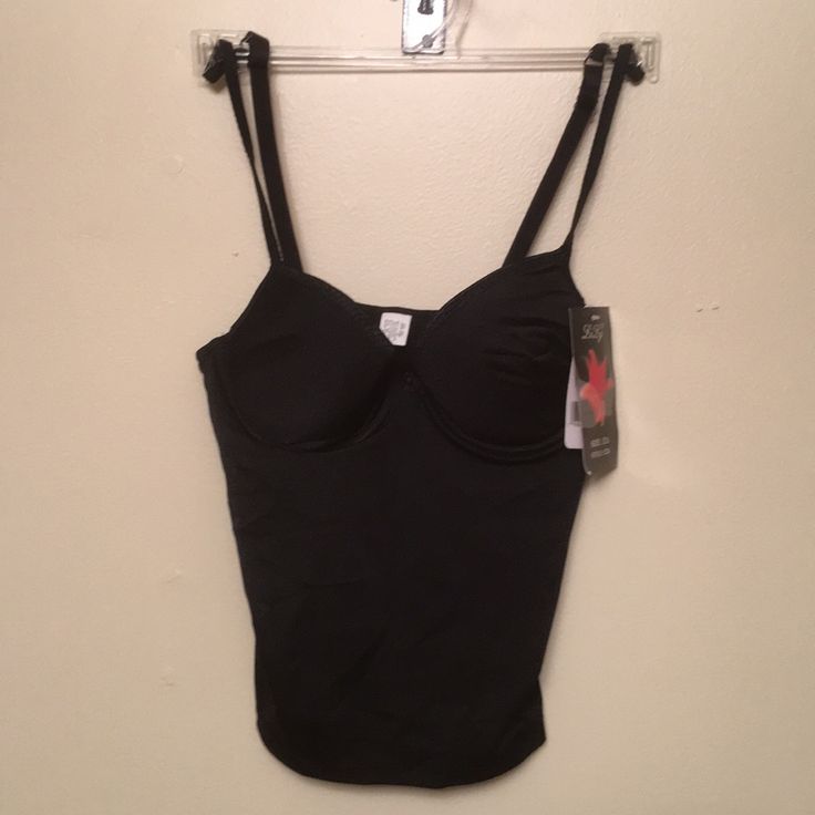 Lily Black Camisole Size 32a Underwire Bra. New With Tags. 95% Polyester, 5% Spandex Elastane Tank Top With Built-in Bra For Night Out, Stretch Tank Top With Spaghetti Straps And Lined Body, Elastane Tank Top For Night Out, Fitted Cami Tank Top With Built-in Bra, Fitted Camisole With Built-in Bra, Black Tank Crop Top With Built-in Bra, Summer Stretch Underwire Camisole, Black Stretch Camisole With Built-in Bra, Summer Stretch Camisole With Underwire