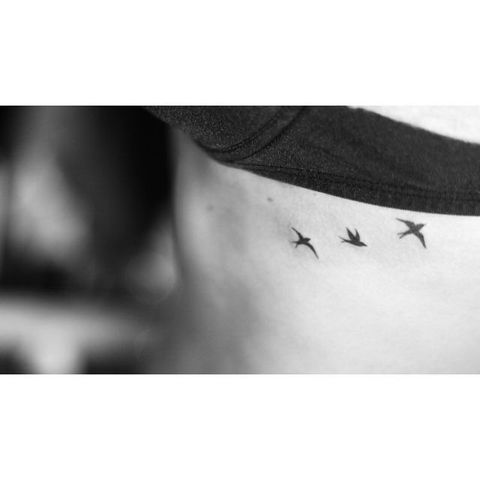 three birds on the back of a woman's left side ribcage tattoo