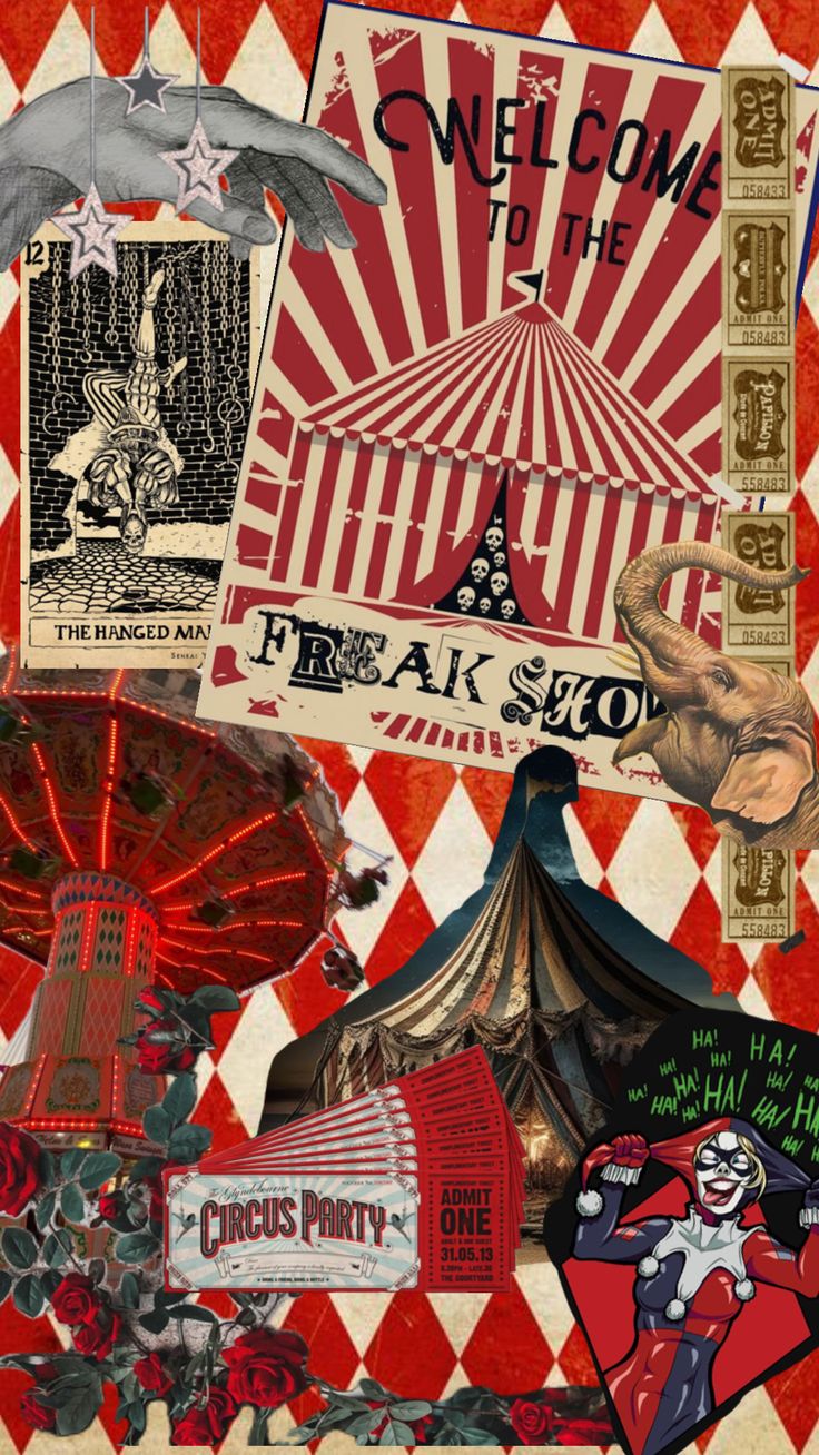 a collage of circus related items on red and white checkered paper