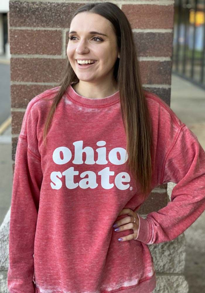 Ohio State Buckeyes Womens Red Campus Crew Sweatshirt - 20830467 Red Cotton Sweats For Fall, Red Sweats With Ribbed Cuffs For Fall, Red Sweats For Fall Loungewear, Casual Washed Sweats For Fall, Casual Sweats For College, Casual Soft-washed Sweats For Fall, Red Fall Loungewear Sweats, Sporty Long Sleeve Washed Sweats, Casual University Red Top For Fall