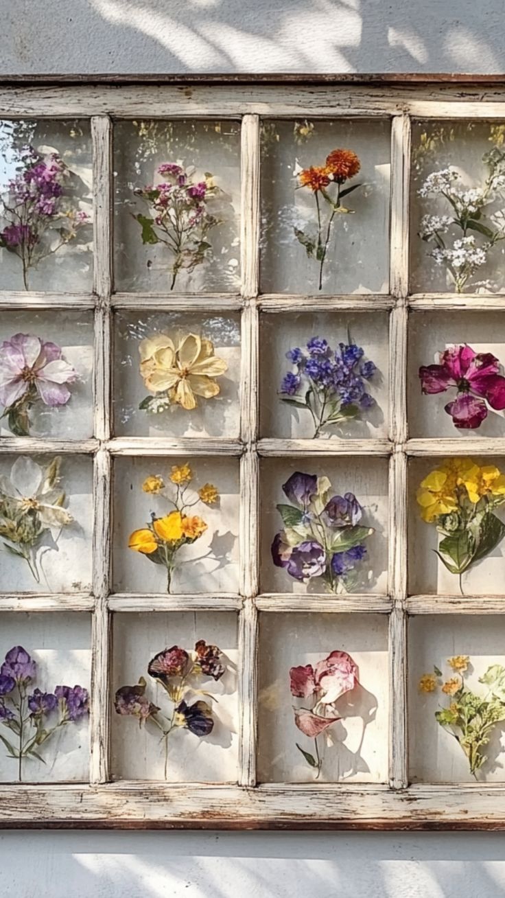 an old window with pressed flowers in it