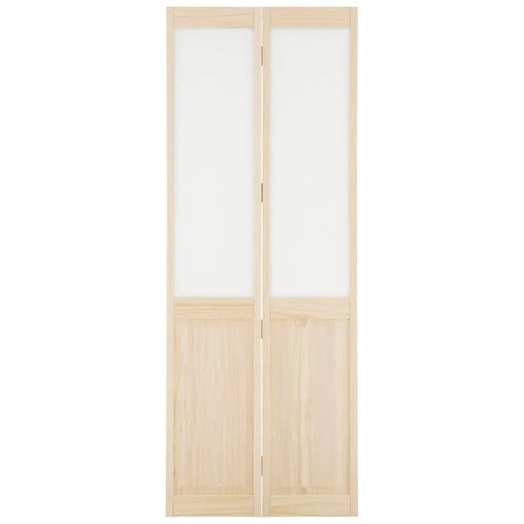 an open wooden door with frosted glass on the front and side doors in light wood