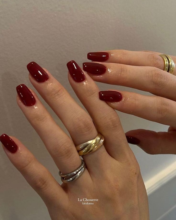 Red Subtle Nails, Dark Red Nails Acrylic Coffin Short, Coffin Shape Red Nails, Andria Barbone Ring, Red Acyrilics Nails, Fair Skin Nails, Corporate Nail Designs, Best Nail Color For Pale Skin, Nails For Red Dress Ideas