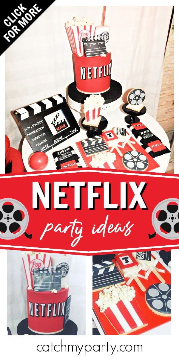 a red netflix party with black and white decorations