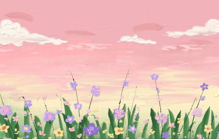 a painting of flowers and grass against a pink sky