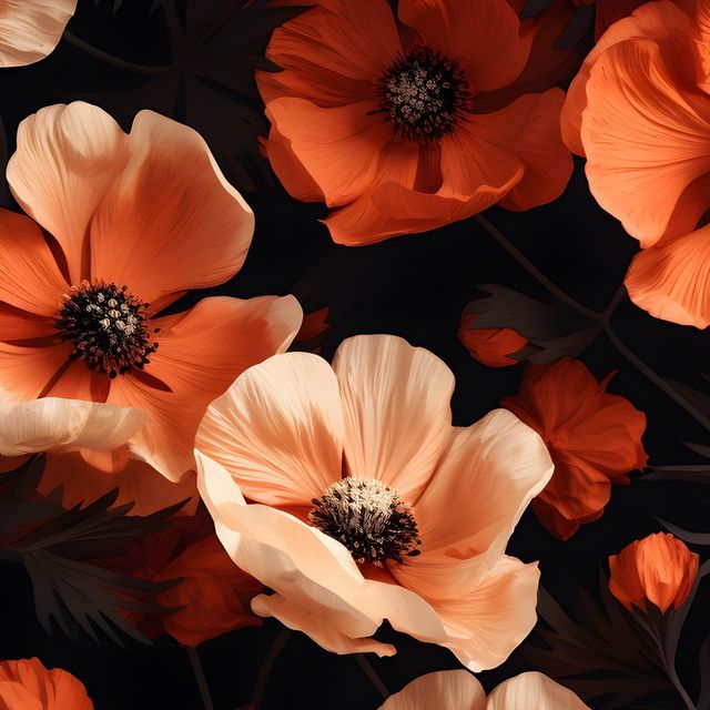 an orange flower on a black background with red and white flowers in the foreground