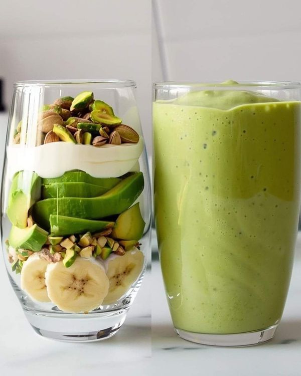 two glasses filled with different types of food and one has a green smoothie in it