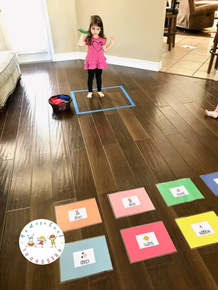 Learn and Move with a Bean Bag Toss Game for Preschoolers Action Verbs Activities, Flower Wall Decor Ideas, Action Games For Kids, Language Games For Kids, Verbs For Kids, English Games For Kids, School Games For Kids, Word Games For Kids, Verbs Activities