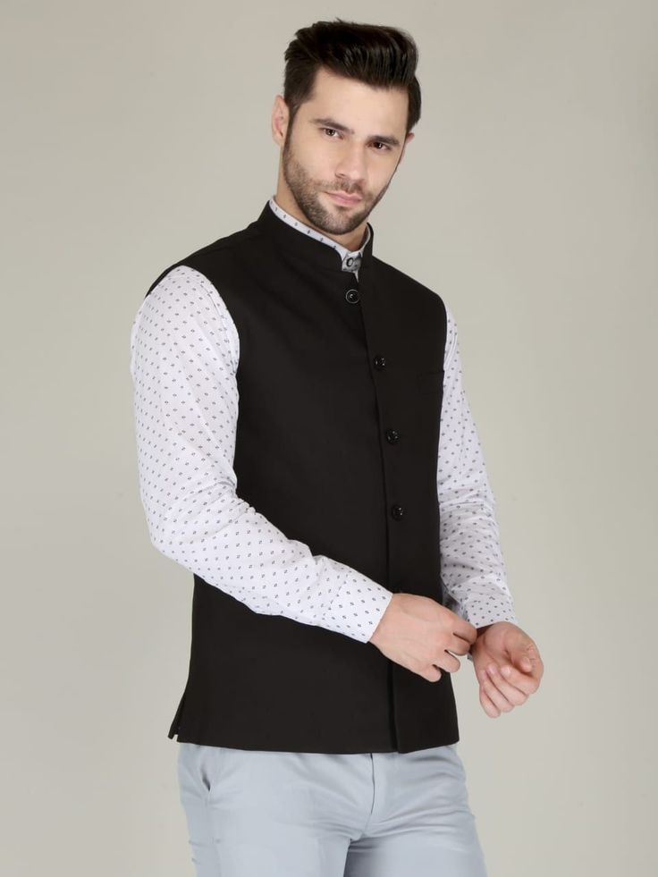 This is a Classy,  Nehru jacket by GoldenfashionStore /crafted from high quality fabric and imported materials. Our products are handcrafted by experienced tailors who make sure the that the stitching is precise, lining is proper and the overall product is sturdy enough to not go out of shape for more than a few years. Also all our products have extra margins in their length, sleeves, sides so it's easily alterable if your size changes after some time. To see more available colours and designs i Formal Cotton Nehru Jacket With Long Sleeves, Formal Long Sleeve Cotton Nehru Jacket, Semi-formal Cotton Suits For Winter, Semi-formal Winter Suit With Stand Collar, Classic Nehru Jacket For Business, Black Nehru Jacket For Groom, Winter Cotton Blazer For Semi-formal Occasions, Elegant Cotton Nehru Jacket For Formal Occasions, Winter Semi-formal Cotton Blazer