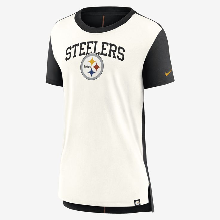 This Pittsburgh Steelers T-Shirt features a bold team design and soft tri-blend fabric to help get you ready for game day. Nike Black T-shirt For Sports Season, Game Day Jersey T-shirt With Team Logo, Nike T-shirt For Football Season Sports Events, Nike T-shirt With Team Logo For Football Season, Nike T-shirt For Sports Season Game Day, Black Varsity T-shirt For Fan Gear, Nike T-shirt For Game Day, Jersey T-shirt With Team Logo For Game Day, Nike T-shirt For Football Season Game Day