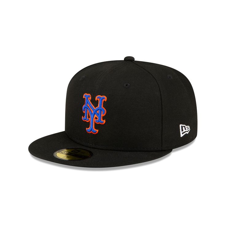 new era 59fifty ny mets fitted back cap in black with red, blue and orange