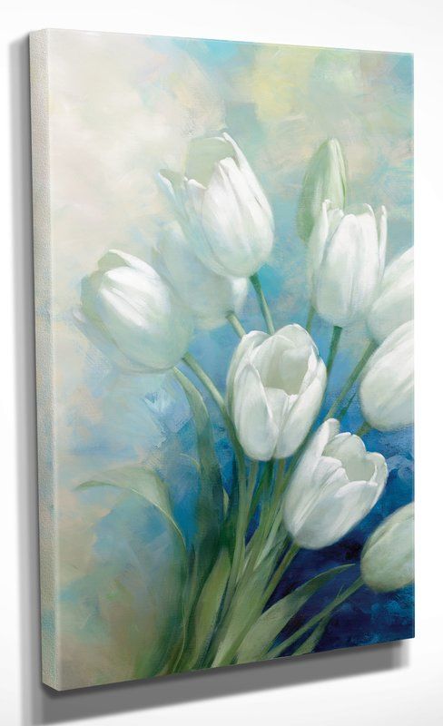 a painting of white tulips in a blue vase on a blue and green background