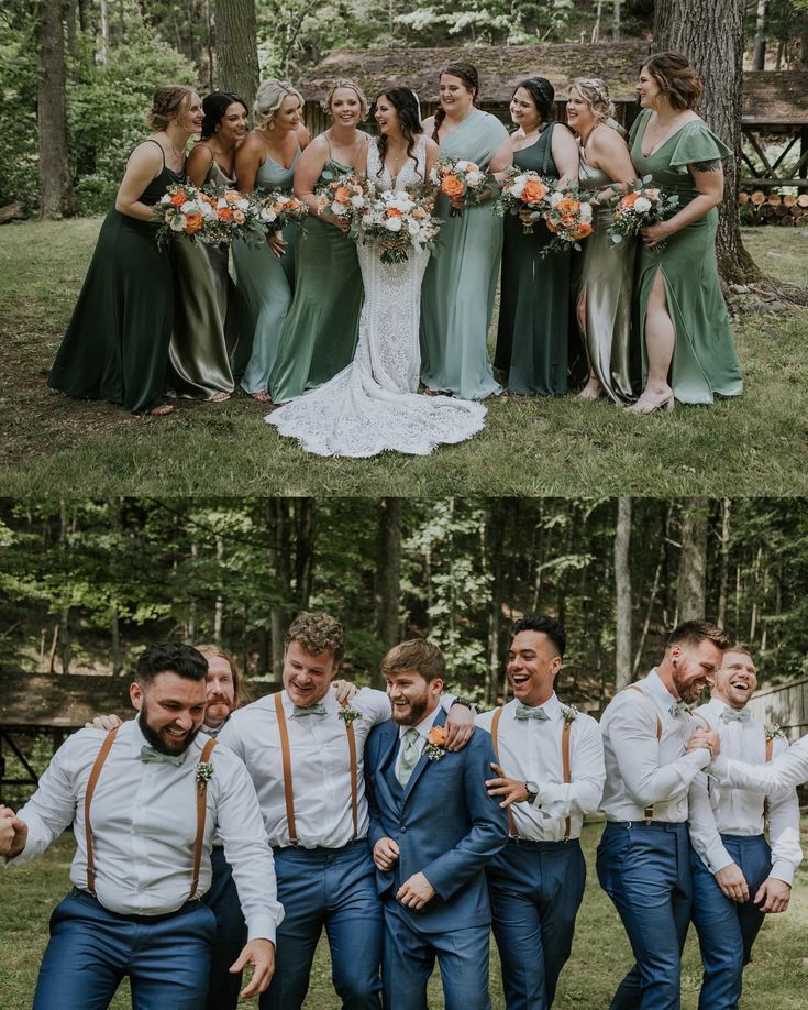 the bride and groomsmid are posing for pictures together