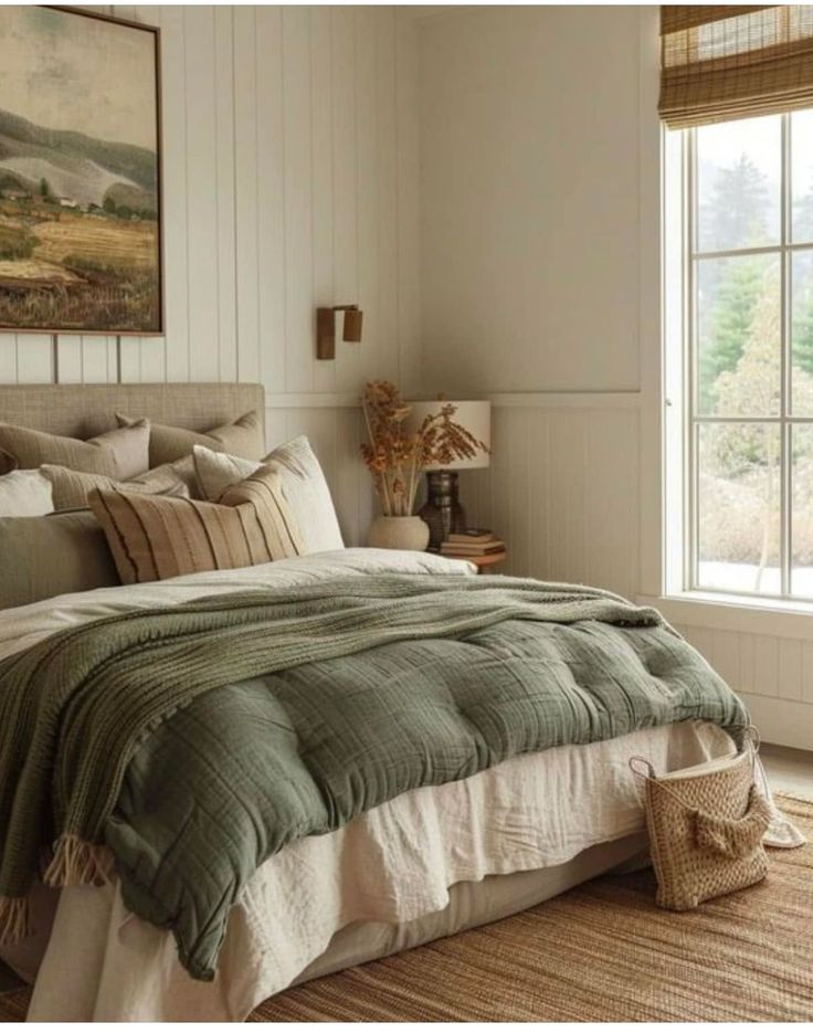 a bedroom with a large bed in front of two windows and a rug on the floor