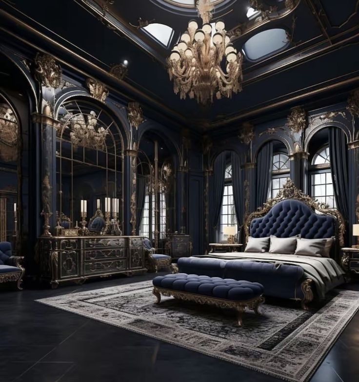 an ornate bedroom with blue and gold decor