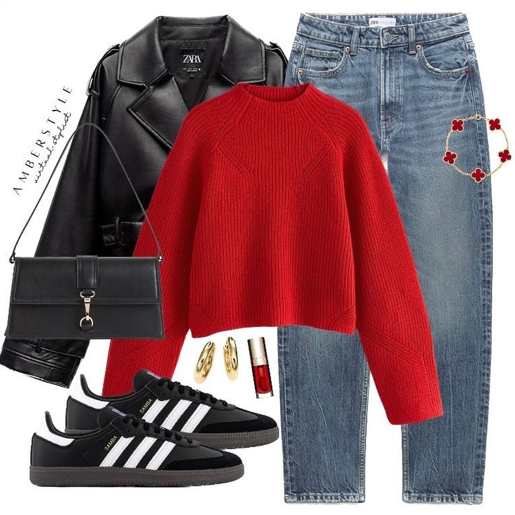 AMBERSTYLE | Happy Saturday 🍓🍎🍒 loving the pop of red x x | Instagram Red Outfit Winter, Red Shirt Outfits, Red Sweater Outfit, Look Adidas, Red X, Pop Of Red, Winter Fashion Outfits Casual, Stylish Work Outfits, Red Sweater