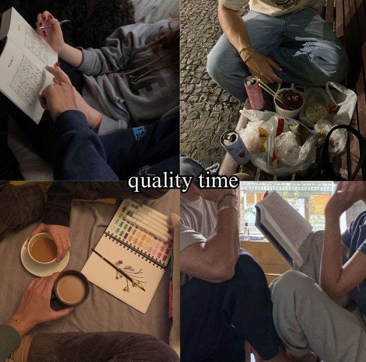 four different pictures with people sitting on the floor and writing