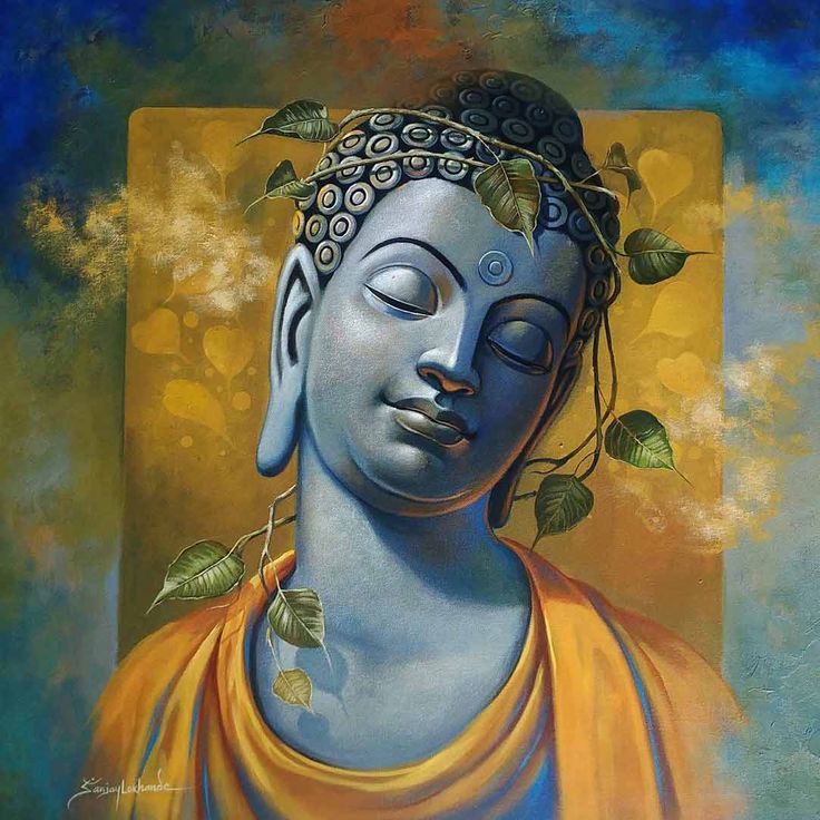 a painting on the wall of a buddha statue with leaves growing out of its head