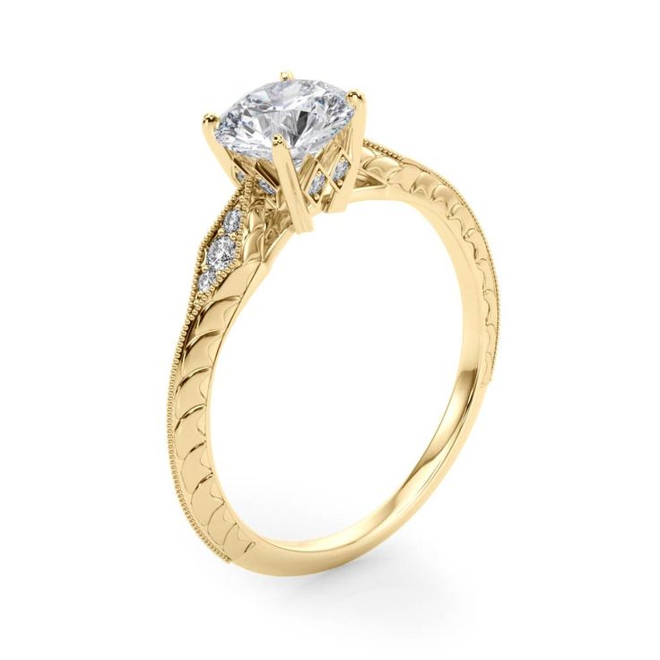 This romantic ring features 1/15 ctw. of radiant diamonds that extend down the band. A 0.33 - 1.25 ct. round shape stone can be set with this ring.This ring can be customized for other stone sizes or shapes. Please contact us for assistance. Timeless Diamond Ring With Round Band For Proposal, Timeless Round Band Diamond Ring For Proposal, Diamond Promise Jewelry With Side Stones, Promise Diamond Ring With Side Stones In Cubic Zirconia, Cubic Zirconia Diamond Ring With Side Stones For Promise, Promise Rings With Side Stones In Cubic Zirconia, Yellow Gold Diamond Stackable Rings With Center Stone, Promise Diamond Ring With Side Stones, Wedding Diamond Ring With Side Stones In Emerald Cut