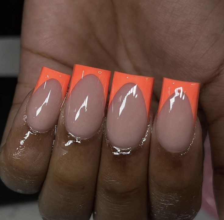 Pastel Orange French Tip Nails, Short Orange French Tip Nails, French Tip Color Ideas, Baby Blue Nails French Tip, Coral French Tips, Peach French Tips, Peach French Tip Nails, Coral French Tip Nails, Yellow French Tip Nails