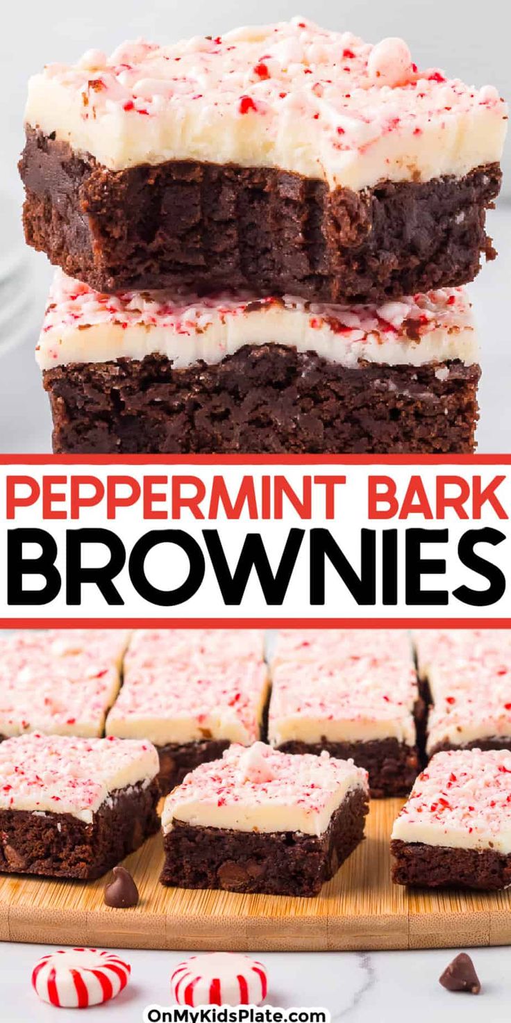 peppermint bark brownies with white frosting on top