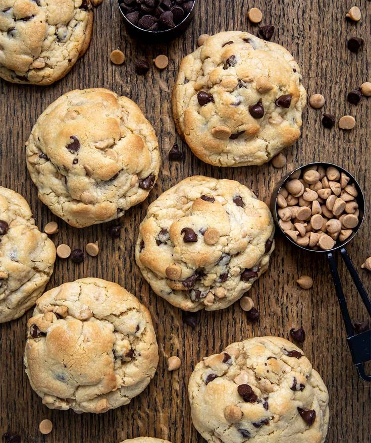 cookies and chocolate chips on a wooden table