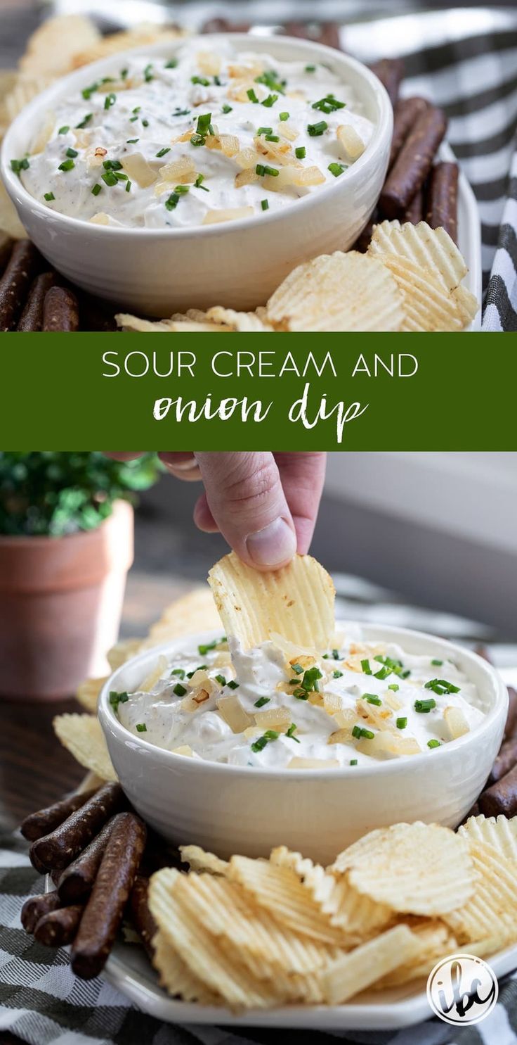 two bowls filled with dip and chips on top of a table