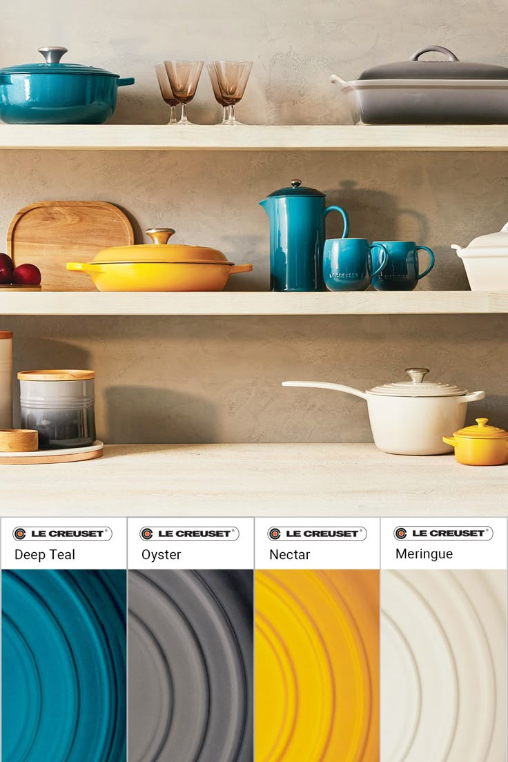 the shelves are full of different colored dishes and pans on them, including one with yellow