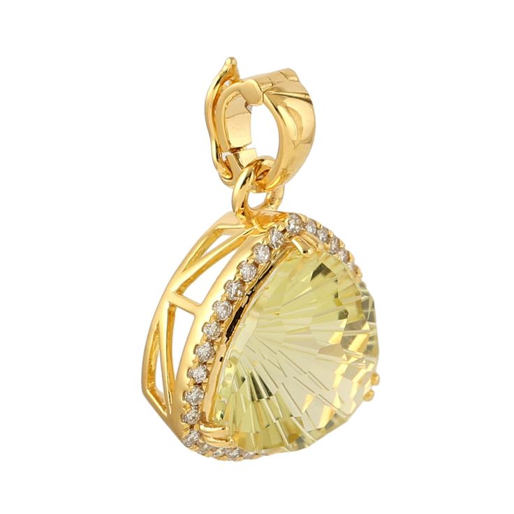 Modern style Gemstone jewelry. These Pendant are made of gold and diamond gemstone material and are capable of reflecting some light to produce a natural glow. A unique feature found only in premium jewelry. These Pendant are handmade in 18k Yellow Gold : 2. 578 grams, and Diamond : 0. 25 cts , Lemon Quartz : 5. 38 cts (ANT-7816)  This jewelry is made by hand featuring detailed workmanship. Be careful to avoid dropping or banging as physical impacts can result in damage to the pieces including s Premium Jewelry, Yellow Quartz, Diamond Quartz, Lemon Quartz, Natural Glow, Handmade Pendants, Diamond Gemstone, Diamond Pendant, Gemstone Pendant