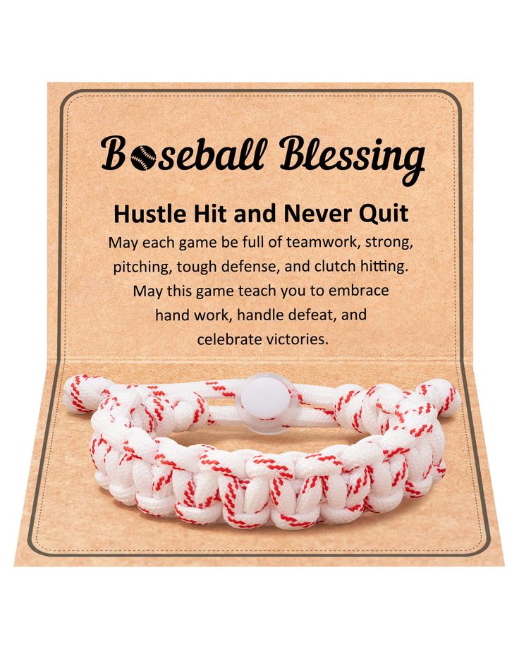 a red and white rope bracelet with an inscription on it that says, baseball blessing