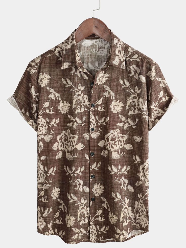 Men's Retro Floral Casual Cotton Holiday Short Sleeve Summer Shirt – Atlanl Casual Printed Camp Shirt For Beach, Casual Camp Shirt With Camp Collar For Vacation, Casual Short Sleeve Tops For Warm Weather, Casual Brown Tops For The Beach, Summer Cotton Tops For Outdoor, Cotton Tops For Summer Outdoor, Cotton Tops For Summer Outdoor Activities, Cotton Summer Tops For Outdoor, Printed Camp Collar Top For Summer