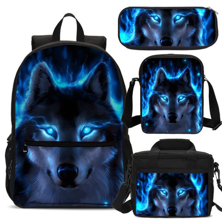 Dakkein Wild Blue Wolf Boys School Backpack Insulated Lunch Bag Pen Case Shoulder Bag Lot Style:School Backpack Material: Polyester Users: Boys / Girls Size: Large Backpack: 31*14*47 CM 12.20*5.51*18.50 IN  Shoulder Bag:25*5*20 CM /9.84*1.97*7.87 IN Cooler Lunch Bag: 24*15*19 CM /9.45*5.91*7.48 IN Pen Case: 21*6*10 CM /8.27*2.36*3.94 IN Blue School Satchel, Blue Lightweight School Bag, Blue Portable Backpack For Back To School, Blue Portable Backpack For Daily Use, Blue Student Bag, Portable Blue Backpack, Blue Bags For Back To School, Blue Shoulder Bag For Back To School, Blue Shoulder Bag For Outdoor