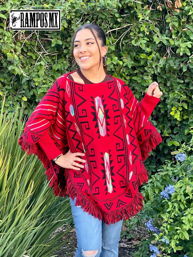 Only 1 in Stock! what you see in the picture , is the one you get!   Note: Color can slightly change depending on the screen device thats been viewed on.  NOTE: One size fits Most ( Picture Model Reference : is 5'4'' tall , 135 pounds and wears size S/M )  Beautiful Unique Handmade Poncho With Sleeves Mañanita Blanket Pashmina Shawl Wrap , This Mexican Artisanal Shawl is made of a very Soft and light Cotton but keeps you very Warm and Comfortable, beautiful handmade by Artisans to be Stylish and Traditional Fringe Poncho For Fall, Traditional Red Poncho For Fall, Traditional Fall Poncho With Fringe, Traditional Red Fall Poncho, Red Folk Style Poncho For Fall, Red Long Sleeve Poncho For Festival, Mexican Sweater, Mexican Shawl, Handmade Poncho