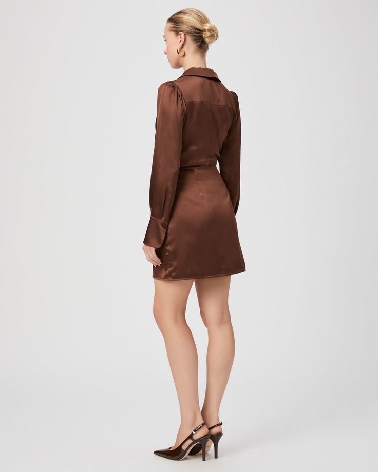 Made from 100% silk satin, the Nyla dress is a flattering long sleeve faux-wrap mini dress that features a collar with a v-neckline. This chic brown dress will be your new favorite date night staple. | Nyla Dress - Landslide Silk Satin | Size 14 Long Sleeve Silk Dress, Nye Outfits, Dinner Dress, Designer Clothes For Men, Mini Wrap Dress, Modern Outfits, Brown Dress, Toddler Girl Outfits, Women's Summer Fashion