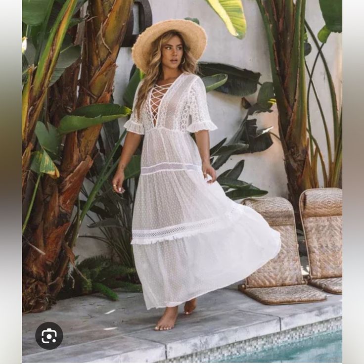 Women’s Emma Sheer Crochet Lace Maxi Dress - White - Size Large. This Dress Is Absolutely Beautiful And Makes For A Great Summer Beach Cover Up. New With Tags! Ships From A Smoke Free And Clean Home. Vacation Lace Maxi Dress With Lace Trim, Beach Maxi Dress With Lace Patchwork, White Crochet Trim Dress For Vacation, Lace Maxi Dress With Lace Trim For Vacation, White Lace Dresses For Vacation, Lace Crochet Maxi Dress For Vacation, Lace Maxi Dress With Crochet Trim For Vacation, V-neck Maxi Dress With Lace Patchwork For Beach, Summer Maxi Dress With Lace Patchwork For Vacation