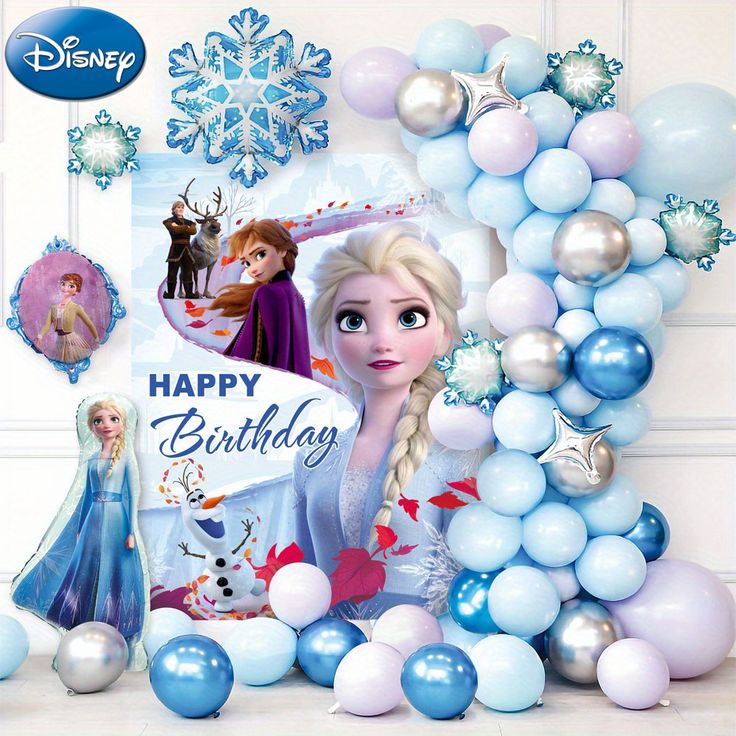 a frozen princess birthday party with balloons and decorations