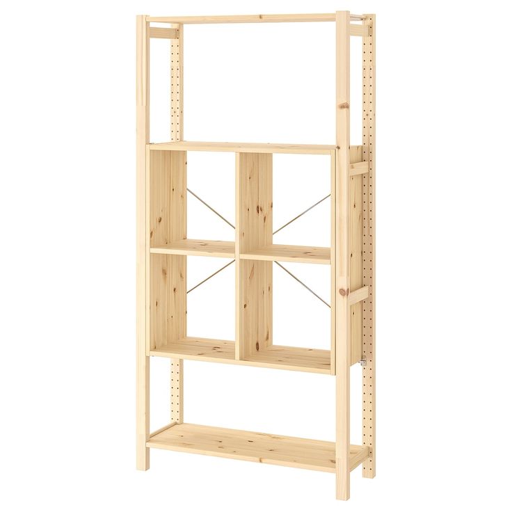 a wooden shelving unit with four shelves