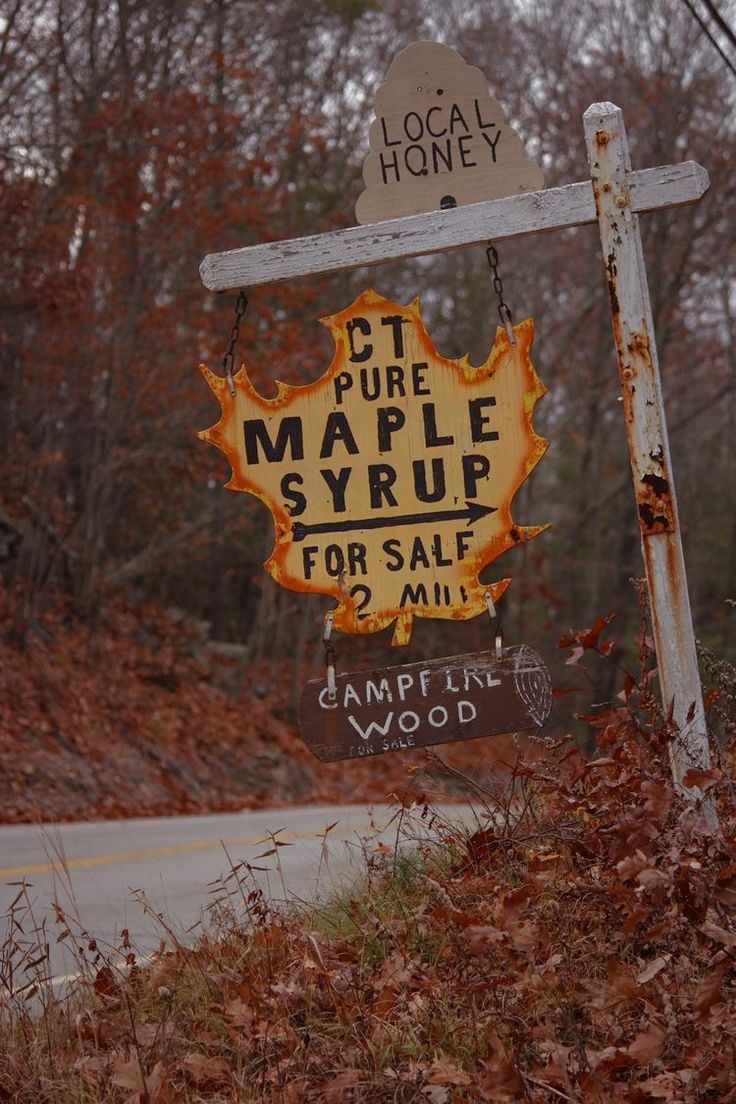 a sign that says maple syrup for sale on the side of a road with trees in the background